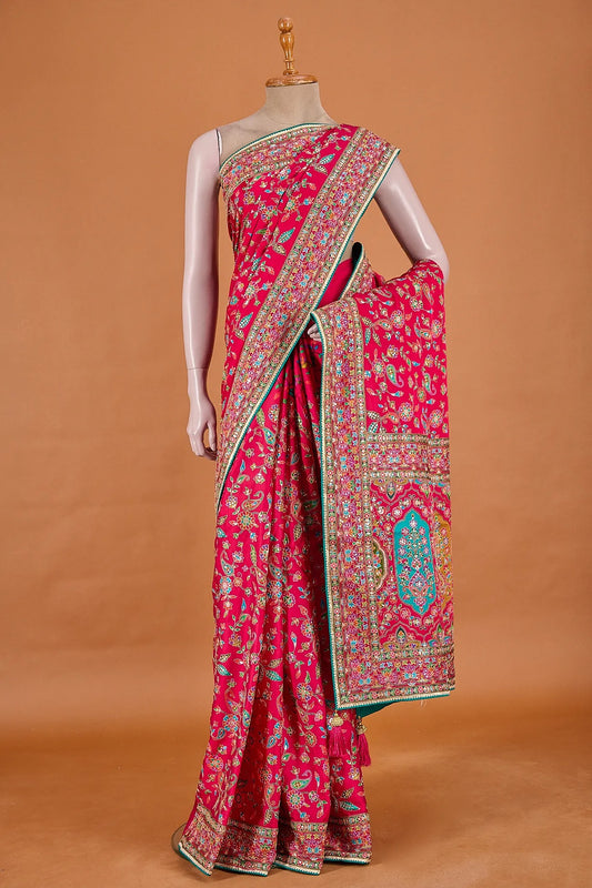 Vellotis Rani Pink Multicolor Printed Silk Saree with Heavy Designer Border – Festive & Party Wear