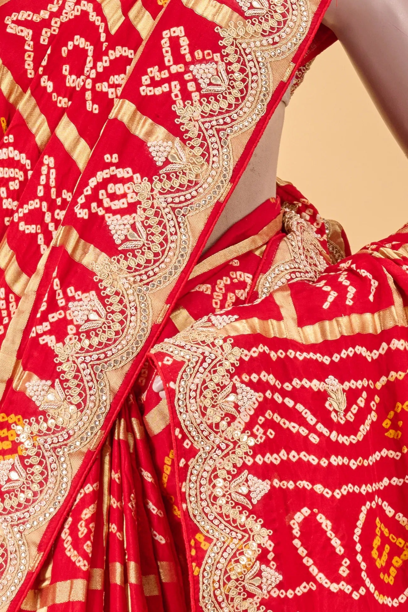 Vellotis Red Bandhani Silk Saree with Heavy Embroidered Border – Festive & Wedding Wear