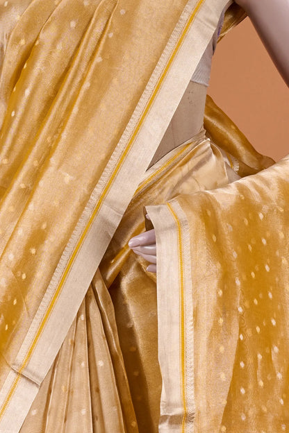 Vellotis Golden Tissue Silk Saree with Polka Dot Weave – Elegant Festive & Party Wear