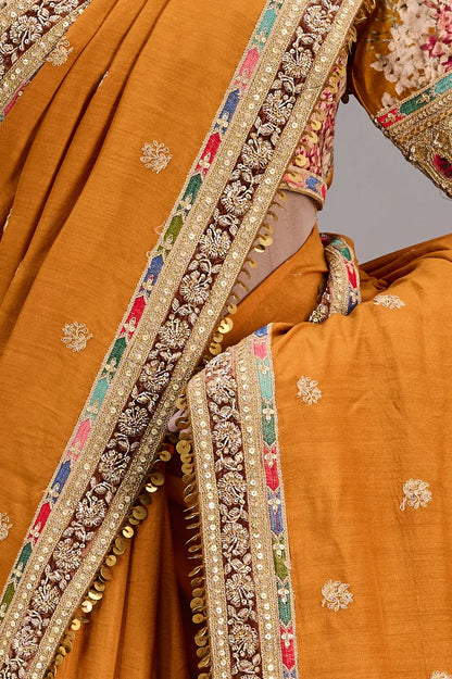 Vellotis Mustard Orange Silk Saree with Embroidered Border – Festive & Party Wear