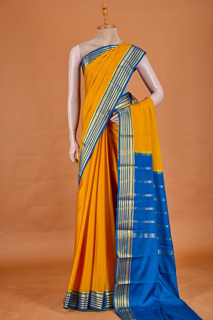 Vellotis Mustard Yellow Silk Saree with Royal Blue Border & Zari Work – Festive & Traditional Wear
