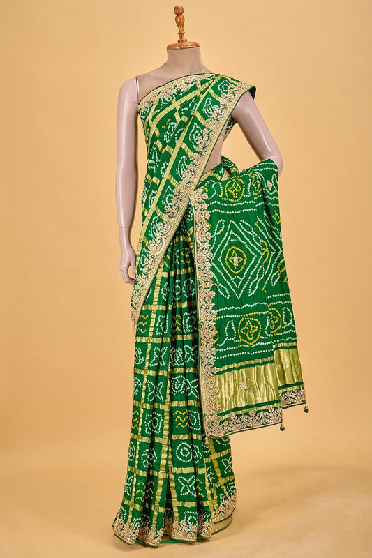 Vellotis Emerald Green Bandhani Silk Saree with Embroidered Border – Festive & Traditional Wear