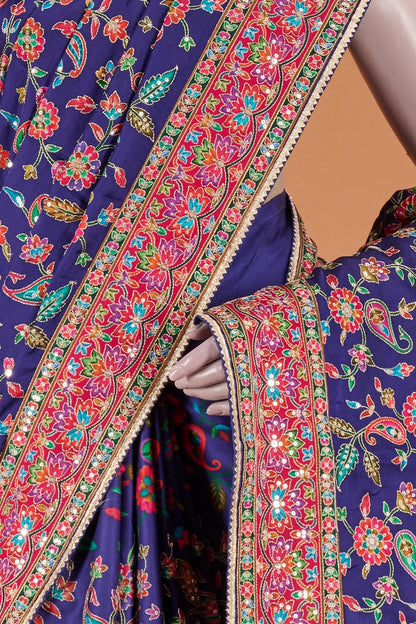 Vellotis Royal Purple Multicolor Printed Silk Saree with Heavy Designer Border – Festive & Party Wear