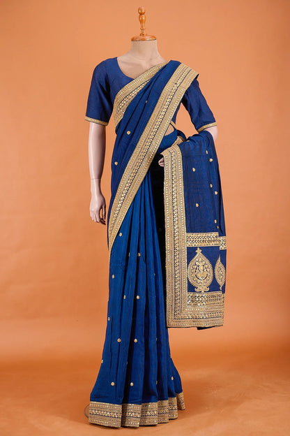Vellotis Navy Blue Silk Saree with Elegant Gold Zari Border – Festive & Party Wear