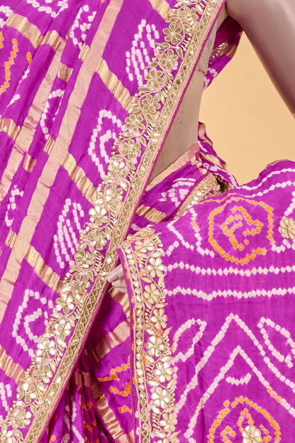 Vellotis Rani Pink Bandhani Silk Saree with Embroidered Border – Festive & Wedding Wear