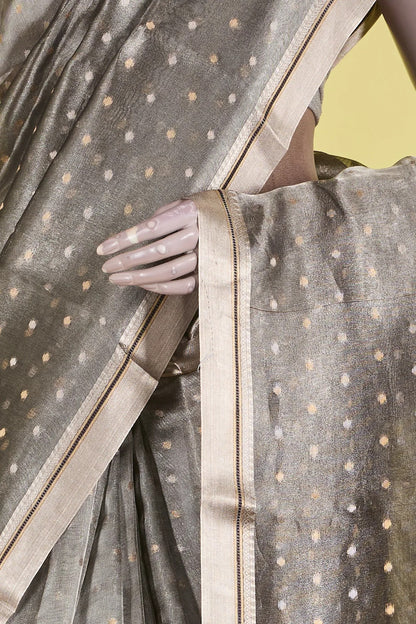 Vellotis Metallic Grey Tissue Silk Saree with Polka Dot Weave – Elegant Festive & Party Wear